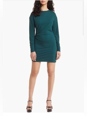 Long-Sleeve Teal Mini Dress with Side Ruched Detail